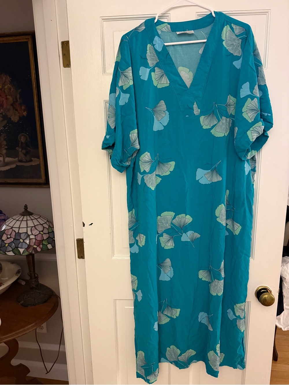 Natori Teal Floral V-Neck Maxi Dress